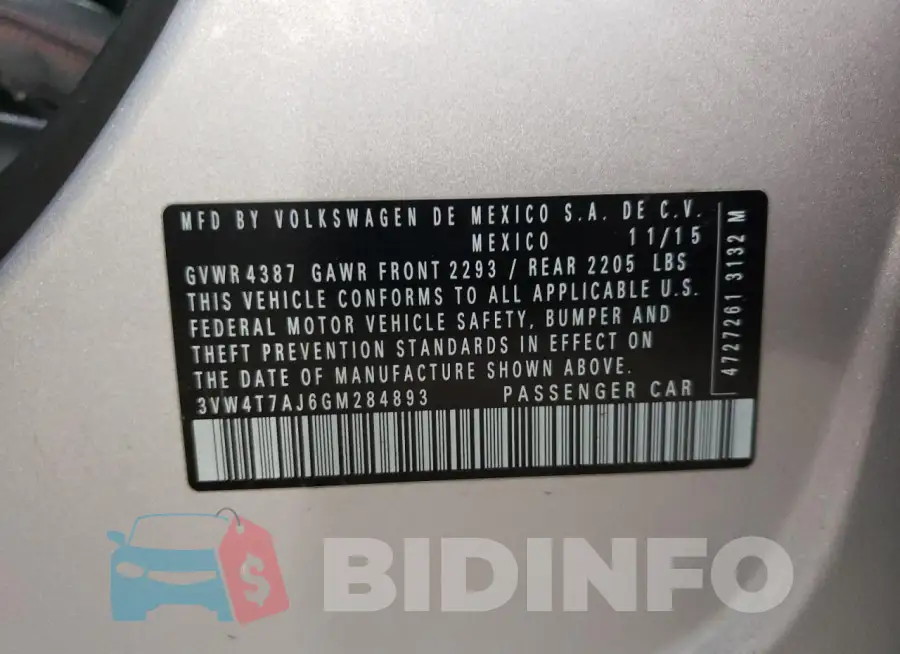3VW4T7AJ6GM284893 Photo# 13