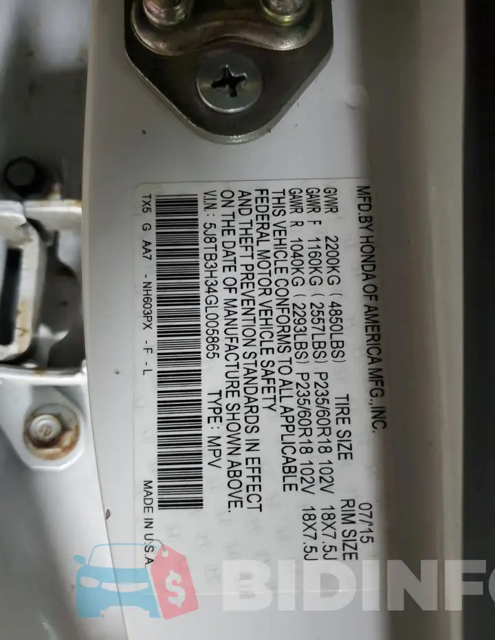 5J8TB3H34GL005865 Photo# 13