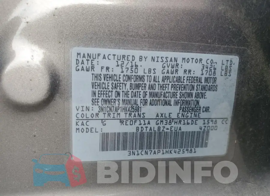 3N1CN7AP1HK425981 Photo# 13