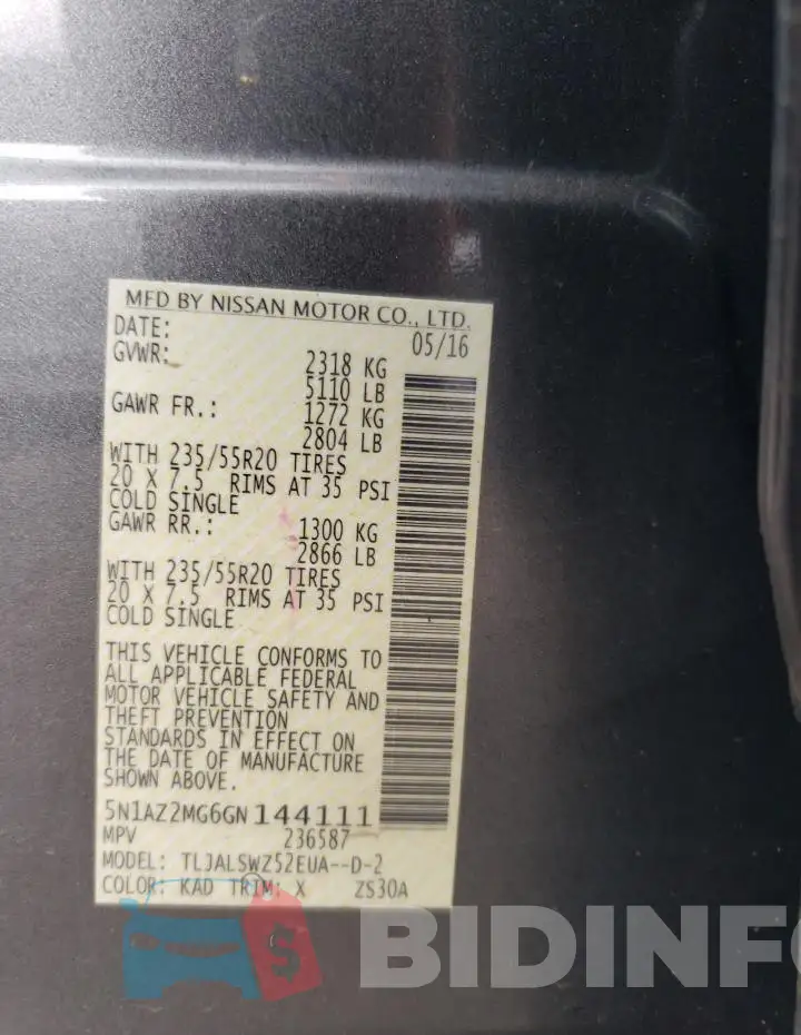 5N1AZ2MG6GN144111 Photo# 13