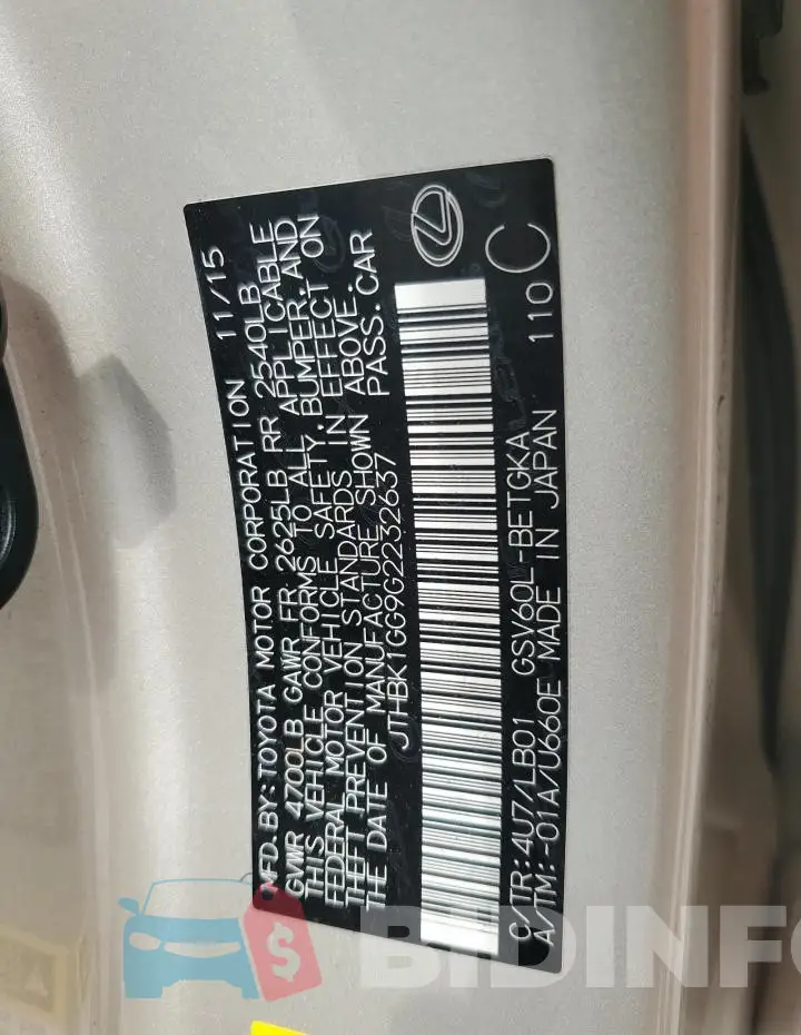 JTHBK1GG9G2232637 Photo# 13