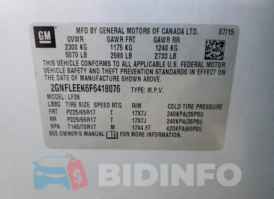 2GNFLEEK6F6418076 Photo# 12