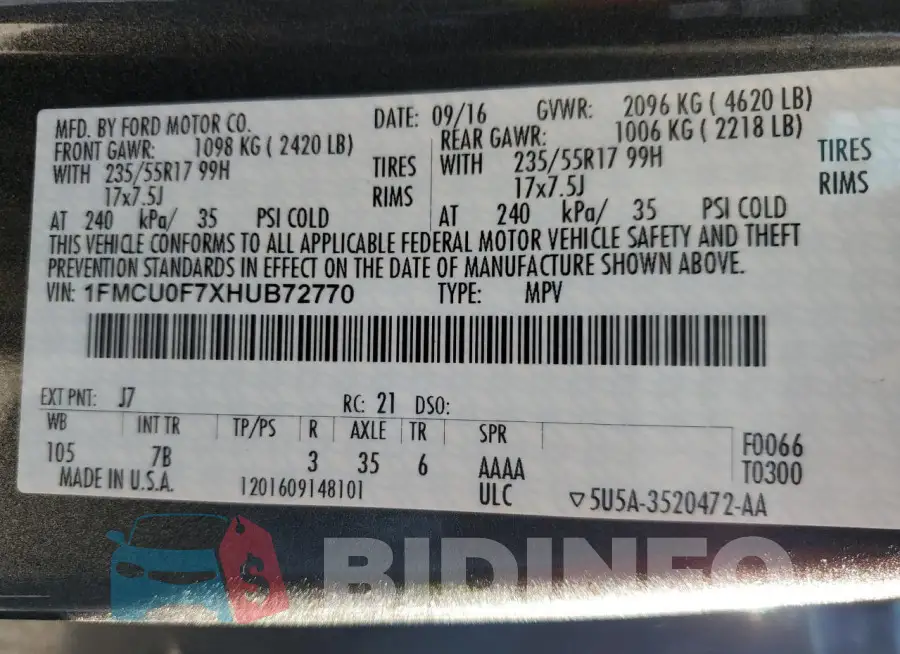 1FMCU0F7XHUB72770 Photo# 13