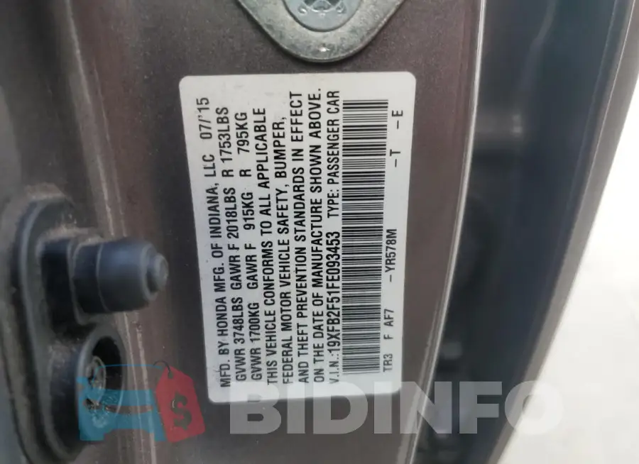 19XFB2F51FE093453 Photo# 13