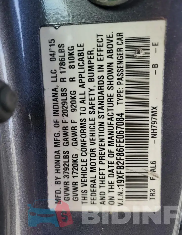 19XFB2F86FE067084 Photo# 13