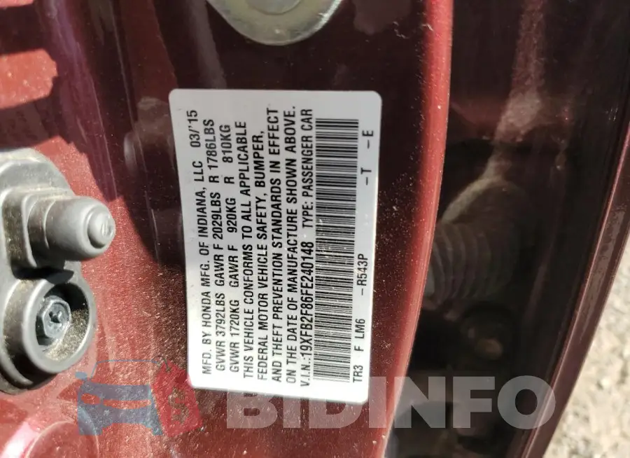 19XFB2F86FE240148 Photo# 12