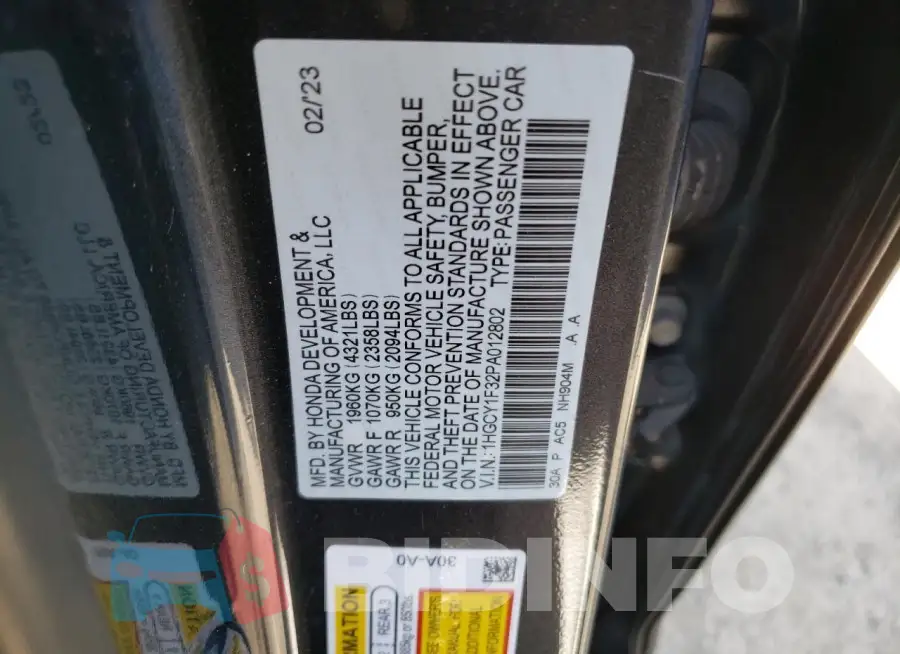 1HGCY1F32PA012802 Photo# 12