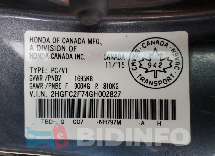 2HGFC2F74GH002827 Photo# 13