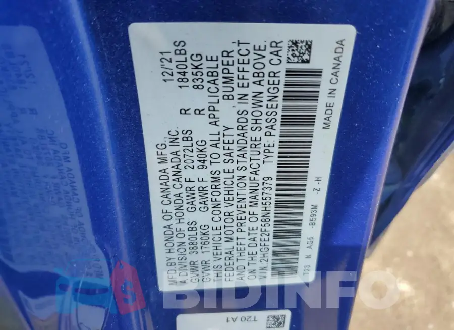 2HGFE2F58NH557379 Photo# 12