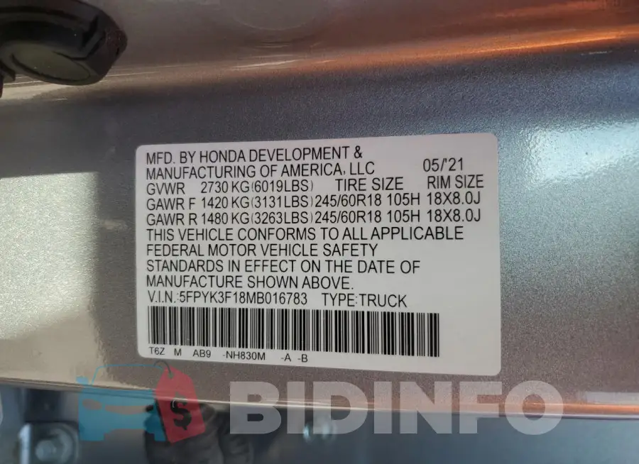 5FPYK3F18MB016783 Photo# 12