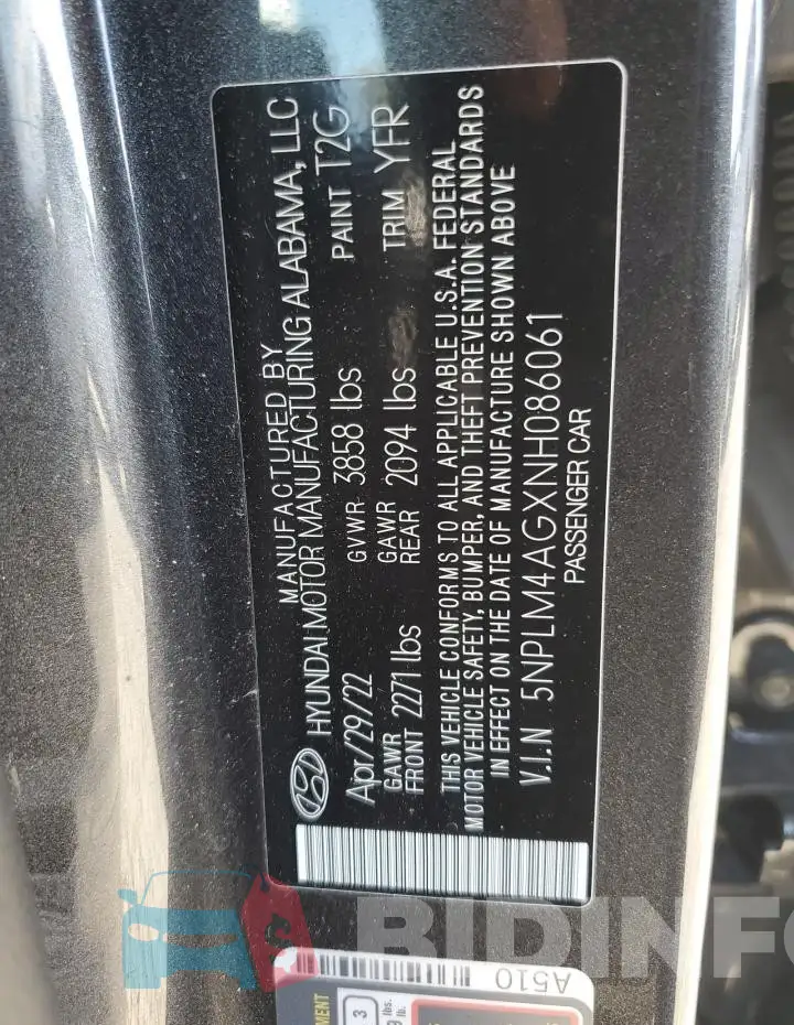 5NPLM4AGXNH086061 Photo# 12