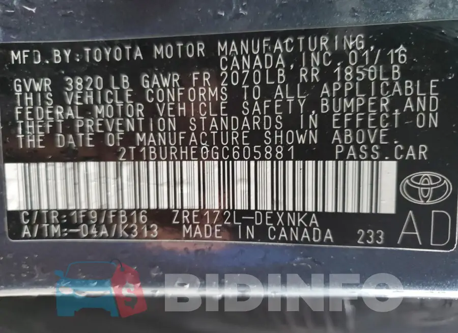 2T1BURHE0GC605881 Photo# 12