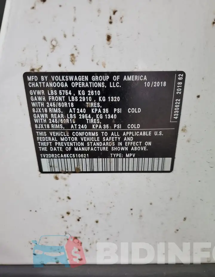 1V2DR2CA6KC510621 Photo# 13