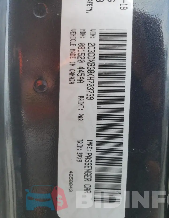 2C3CDXBG8KH703739 Photo# 12