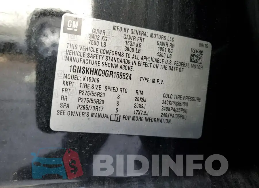1GNSKHKC9GR168824 Photo# 13
