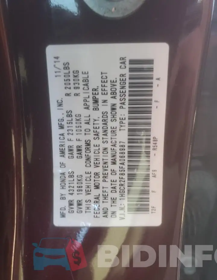 1HGCR2F85FA068987 Photo# 12