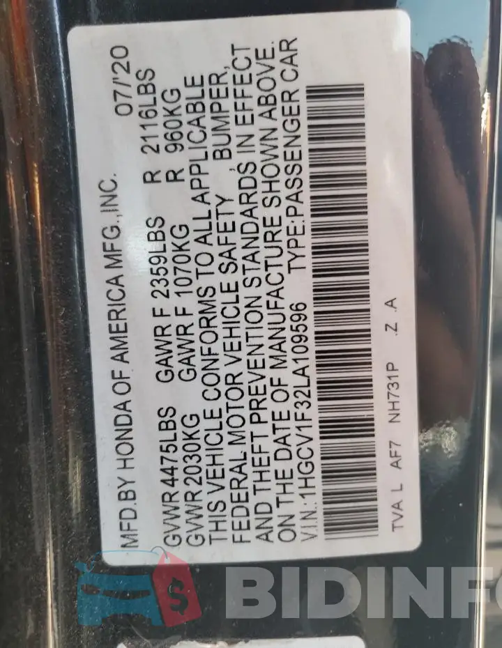 1HGCV1F32LA109596 Photo# 12