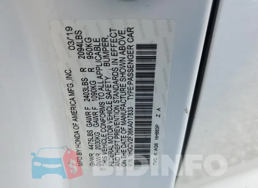 1HGCV2F36KA017833 Photo# 12