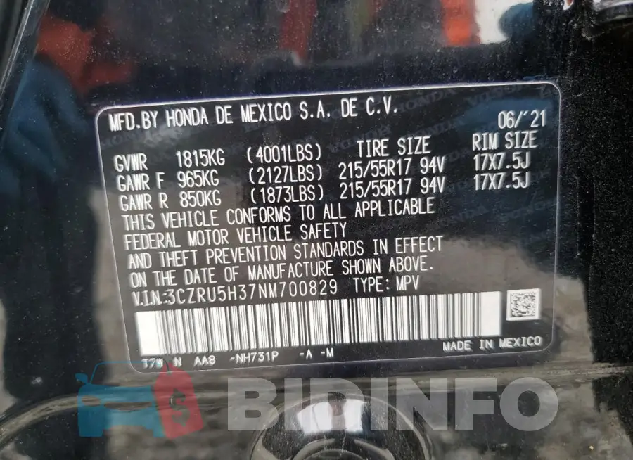 3CZRU5H37NM700829 Photo# 13