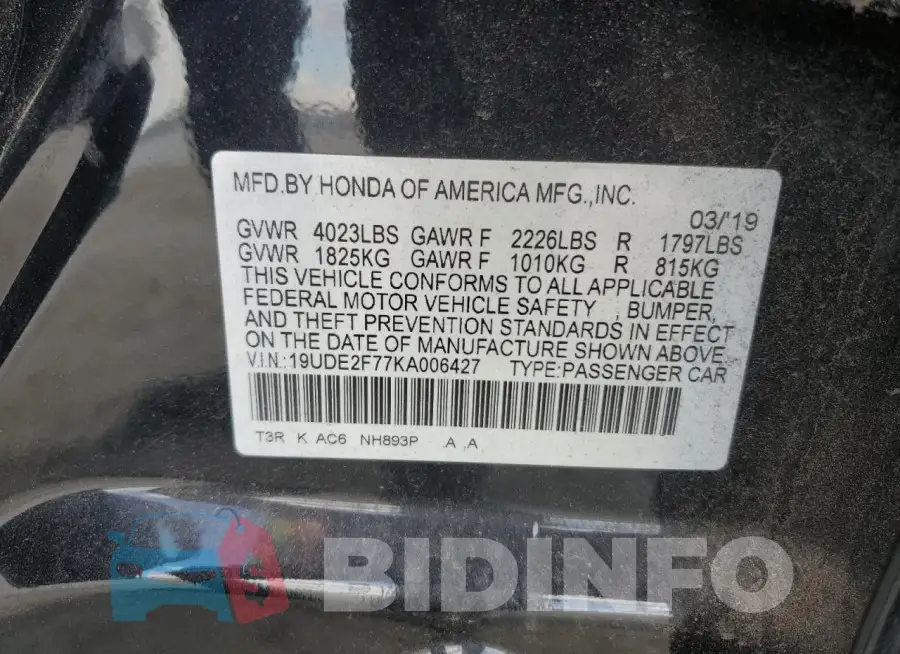 19UDE2F77KA006427 Photo# 12