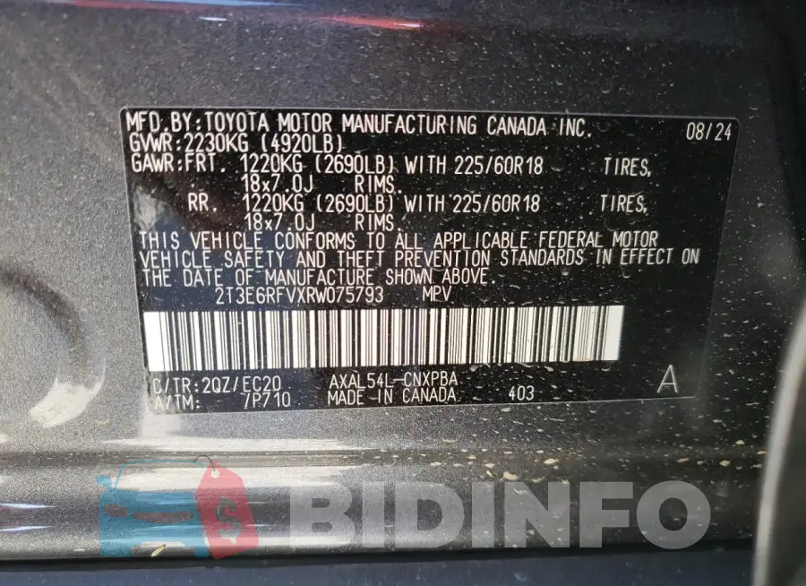 2T3E6RFVXRW075793 Photo# 13