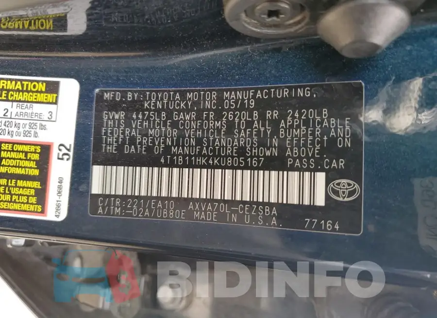 4T1B11HK4KU805167 Photo# 12