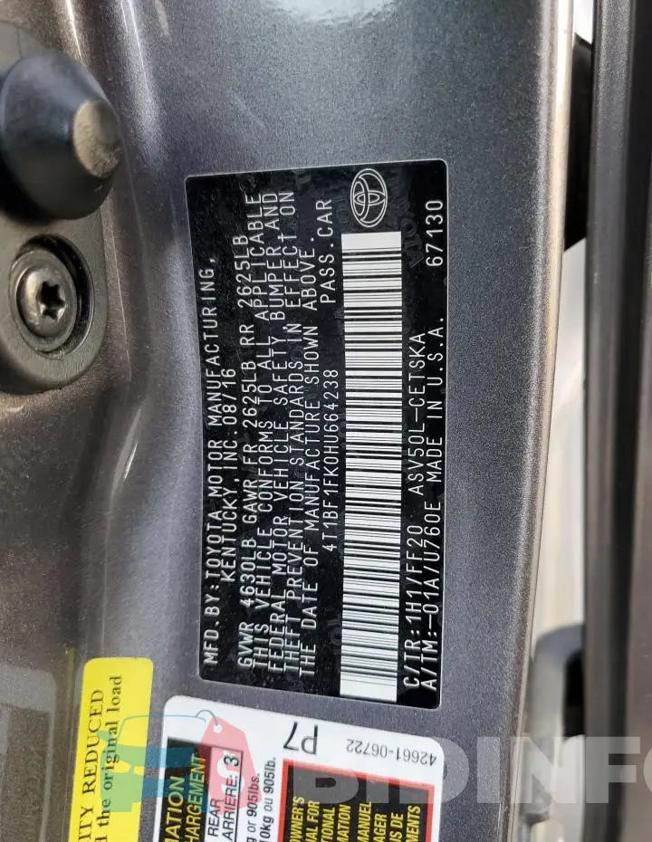 4T1BF1FK0HU664238 Photo# 12