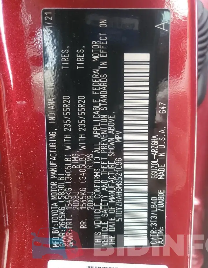 5TDYZRAH6MS521096 Photo# 14