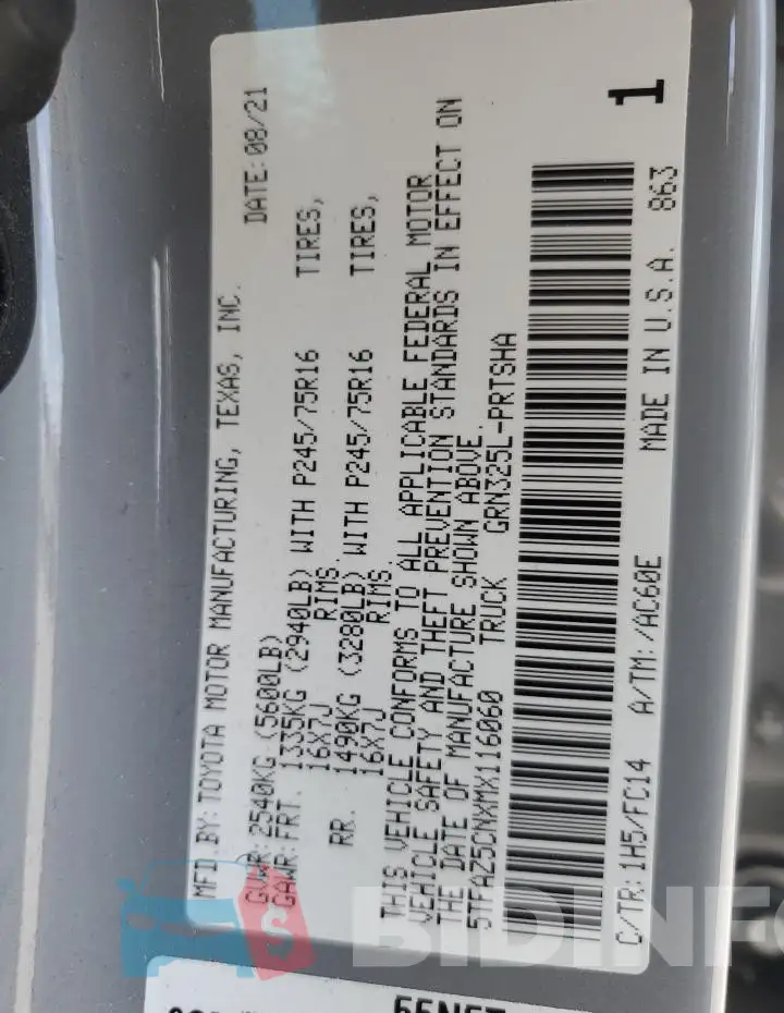 5TFAZ5CNXMX116060 Photo# 13