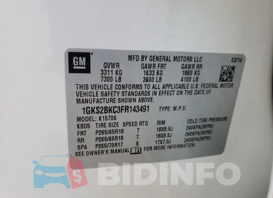 1GKS2BKC3FR143491 Photo# 13