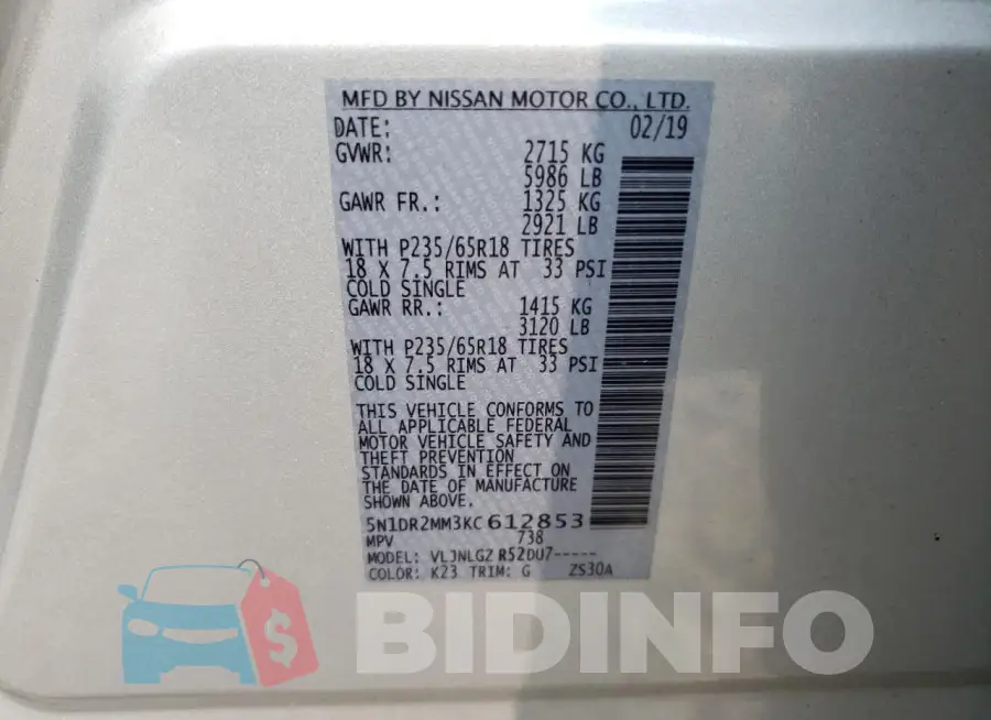 5N1DR2MM3KC612853 Photo# 13