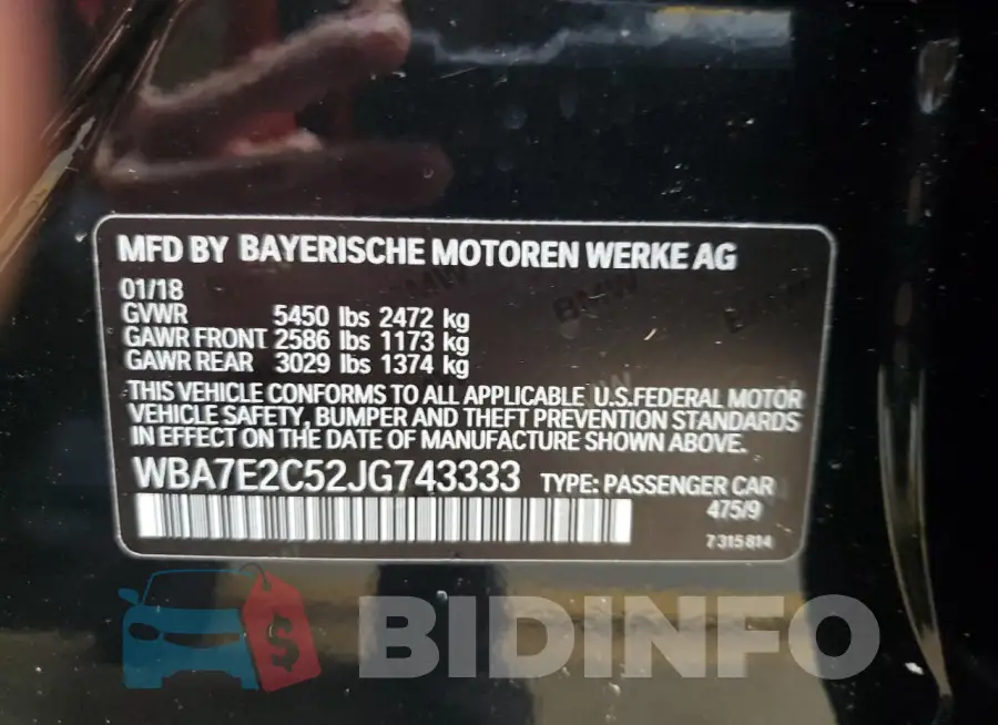 WBA7E2C52JG743333 Photo# 12