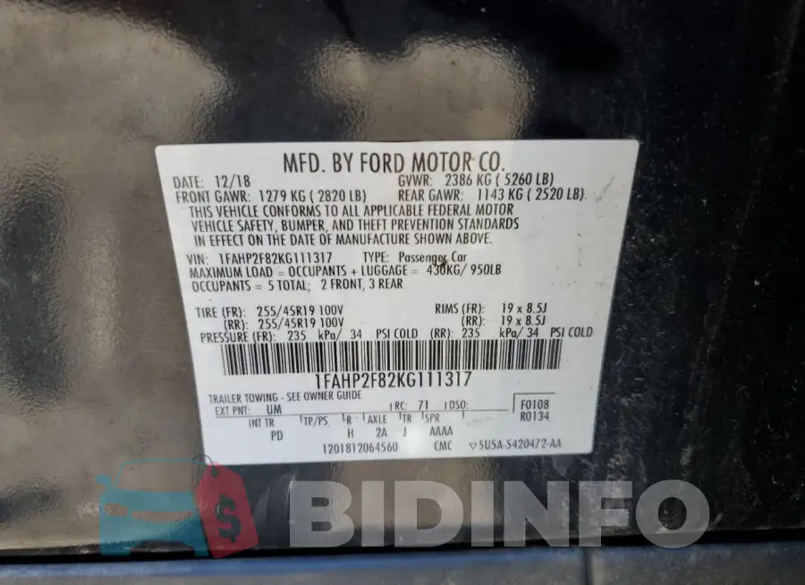 1FAHP2F82KG111317 Photo# 12