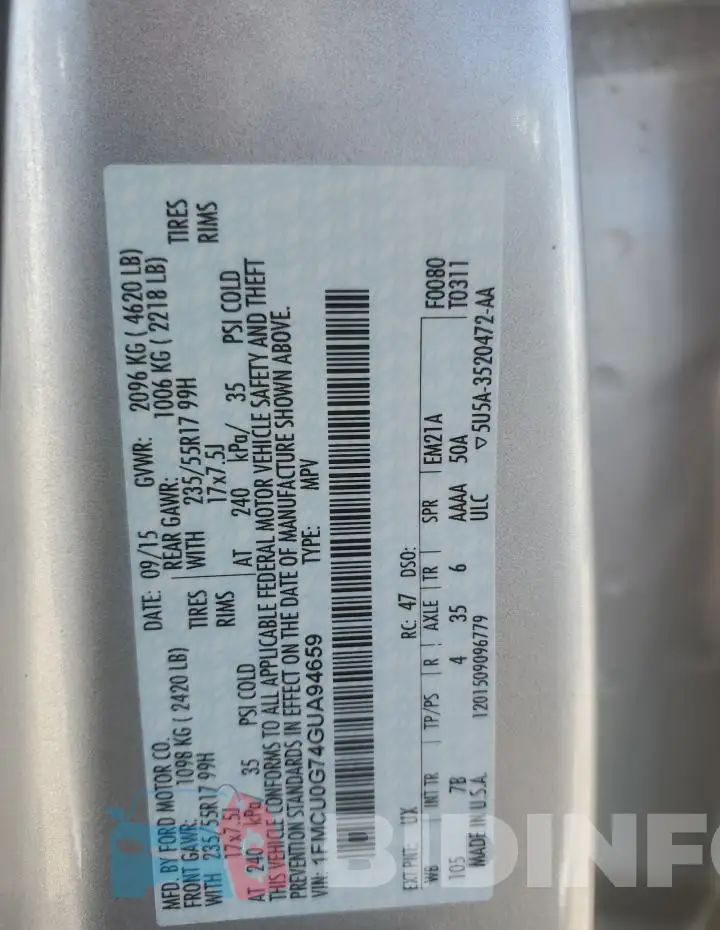 1FMCU0G74GUA94659 Photo# 14