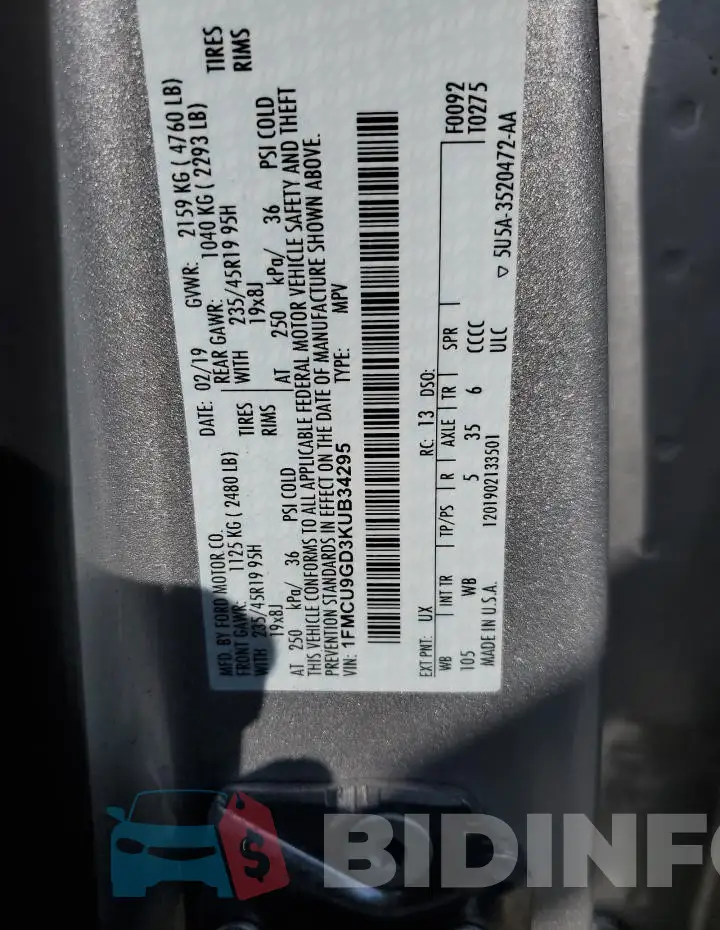 1FMCU9GD3KUB34295 Photo# 14