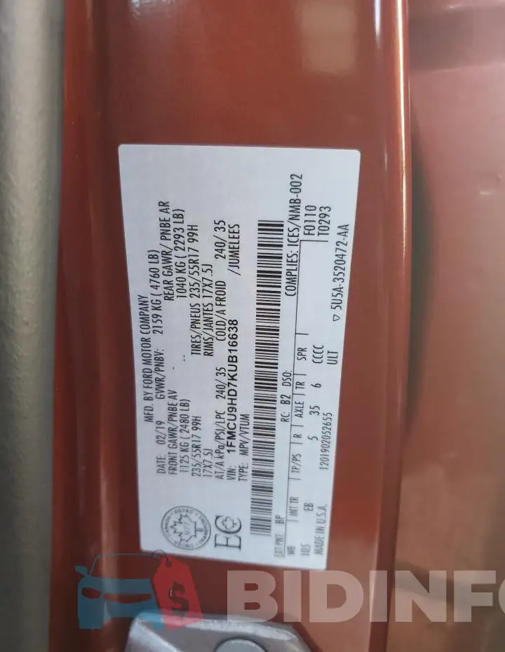 1FMCU9HD7KUB16638 Photo# 12
