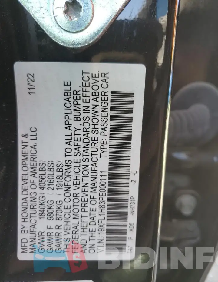 19XFL1H83PE000111 Photo# 13