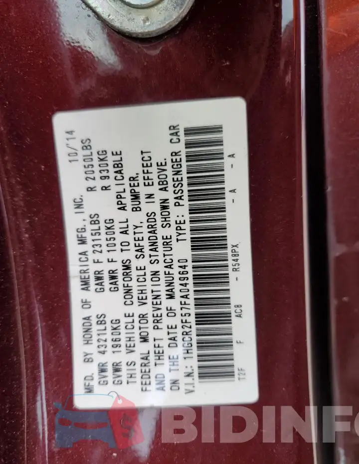 1HGCR2F57FA049640 Photo# 12