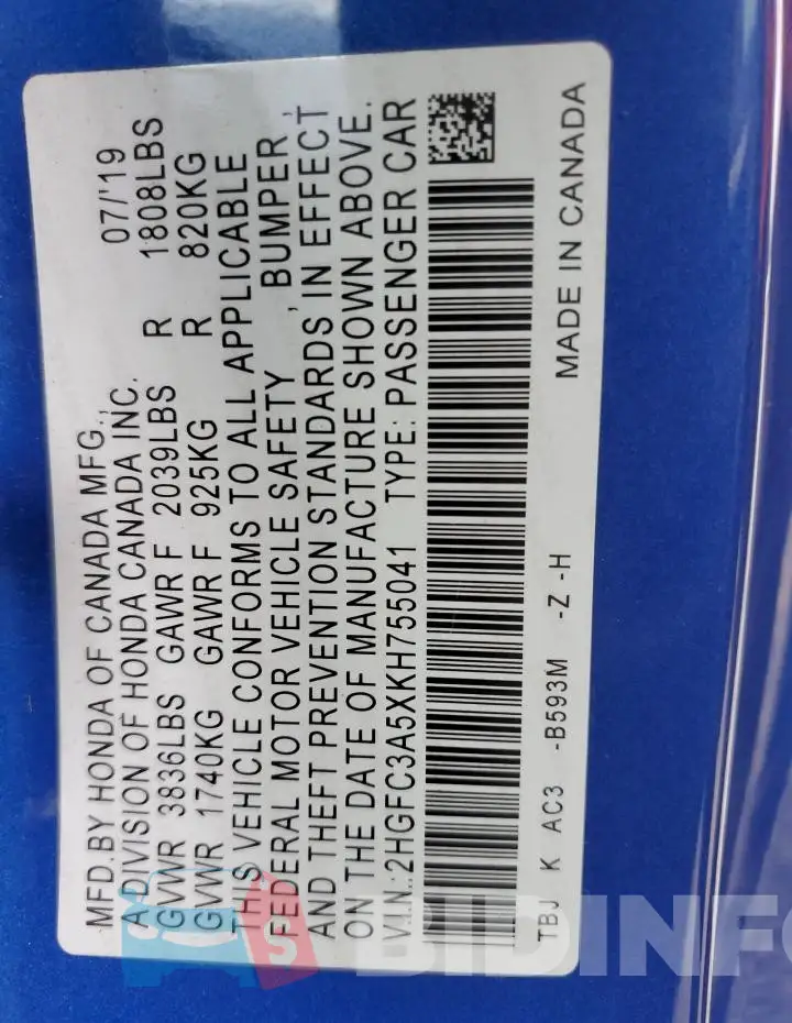 2HGFC3A5XKH755041 Photo# 13