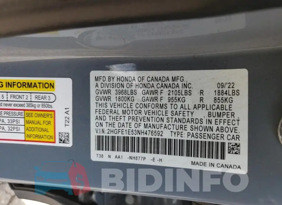 2HGFE1E53NH476592 Photo# 13