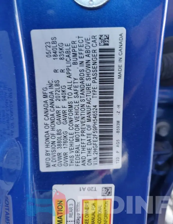 2HGFE2F59PH546524 Photo# 12