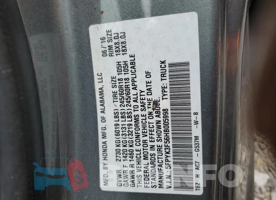 5FPYK3F56HB005998 Photo# 13