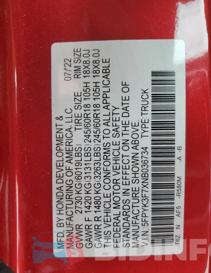 5FPYK3F7XNB036734 Photo# 13