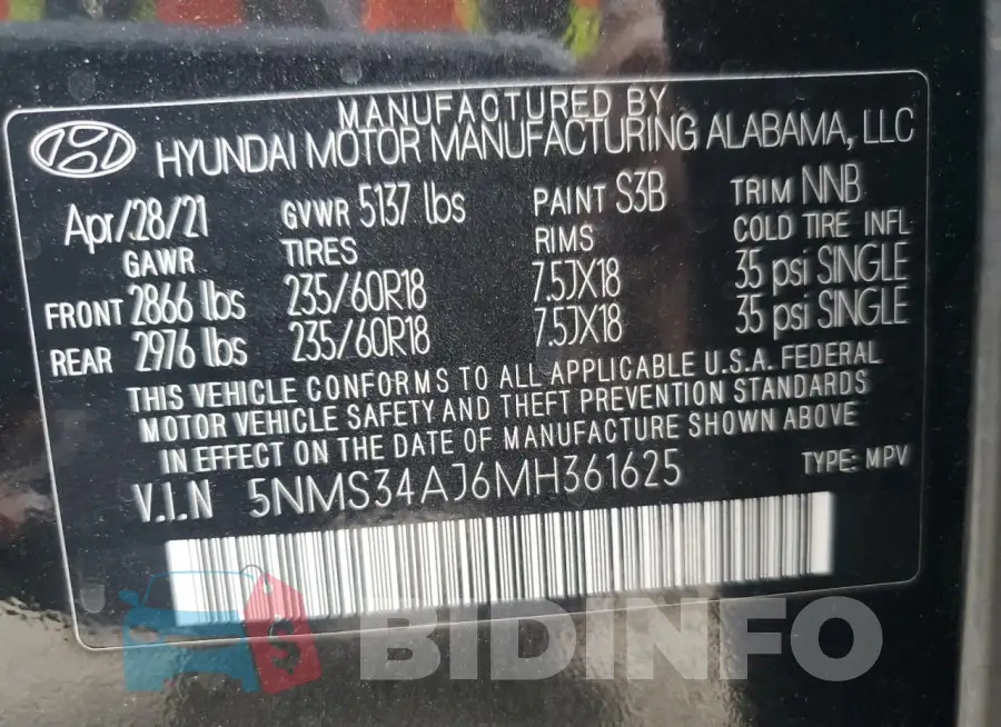 5NMS34AJ6MH361625 Photo# 13