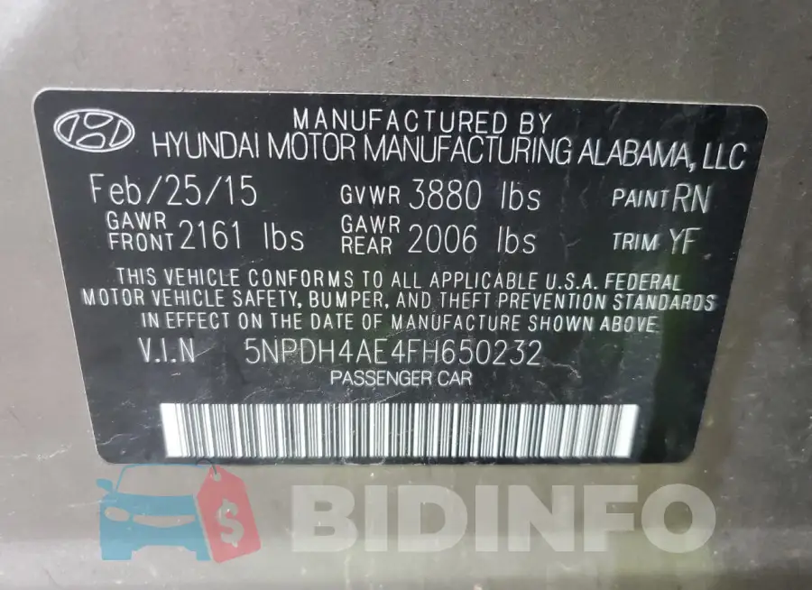 5NPDH4AE4FH650232 Photo# 12
