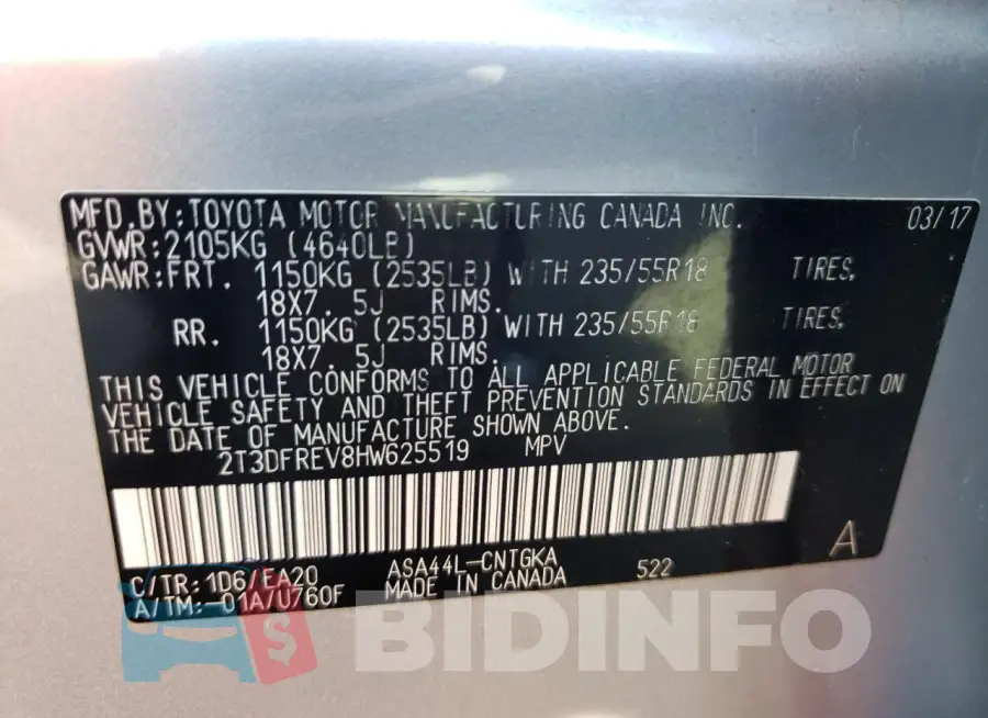 2T3DFREV8HW625519 Photo# 12