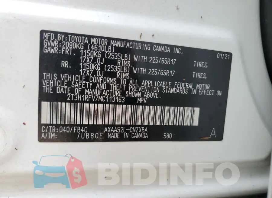 2T3H1RFV7MC113163 Photo# 14