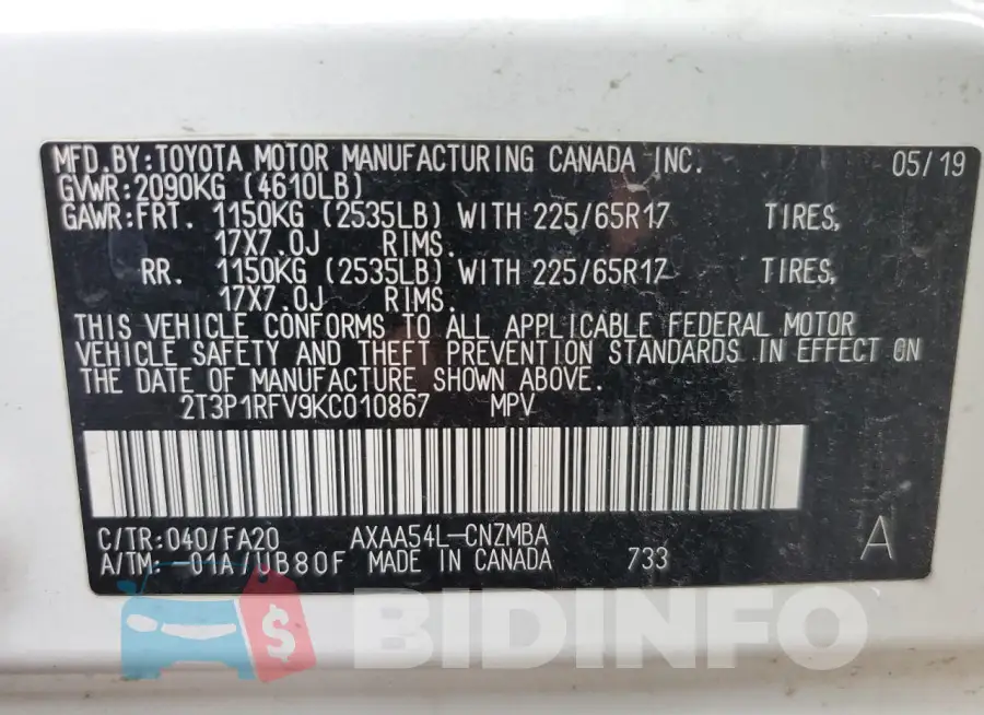 2T3P1RFV9KC010867 Photo# 13