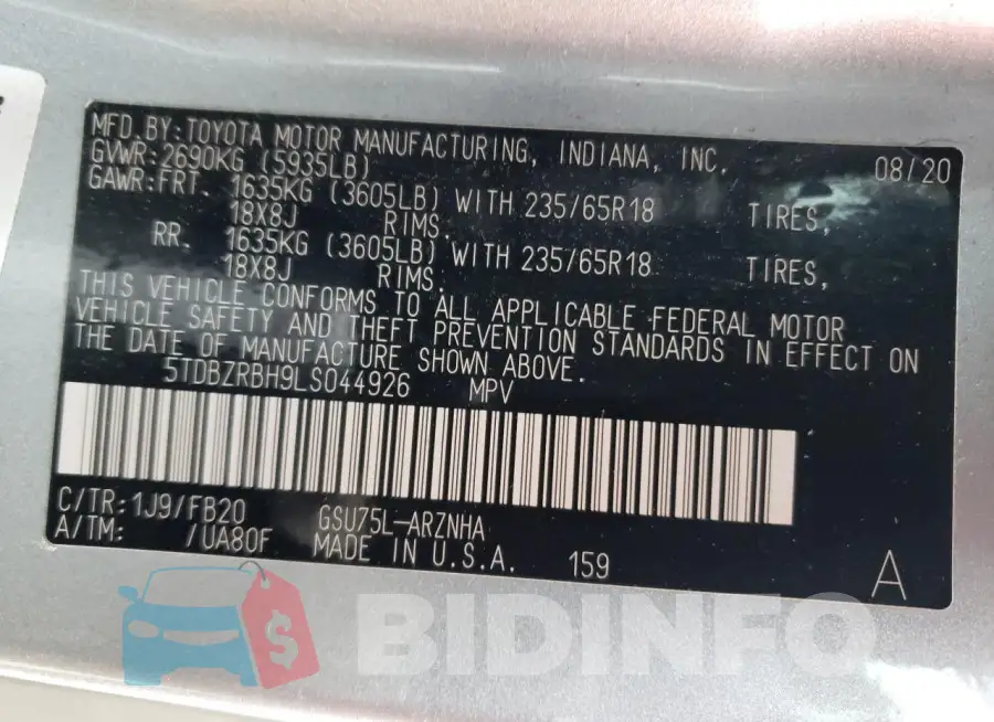 5TDBZRBH9LS044926 Photo# 13