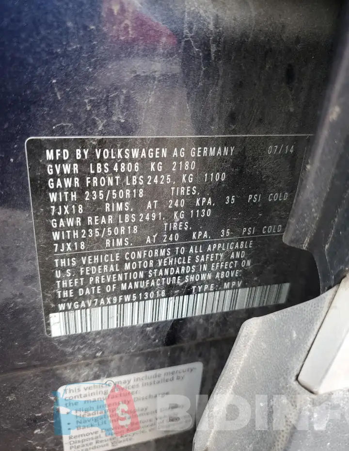 WVGAV7AX9FW513016 Photo# 13